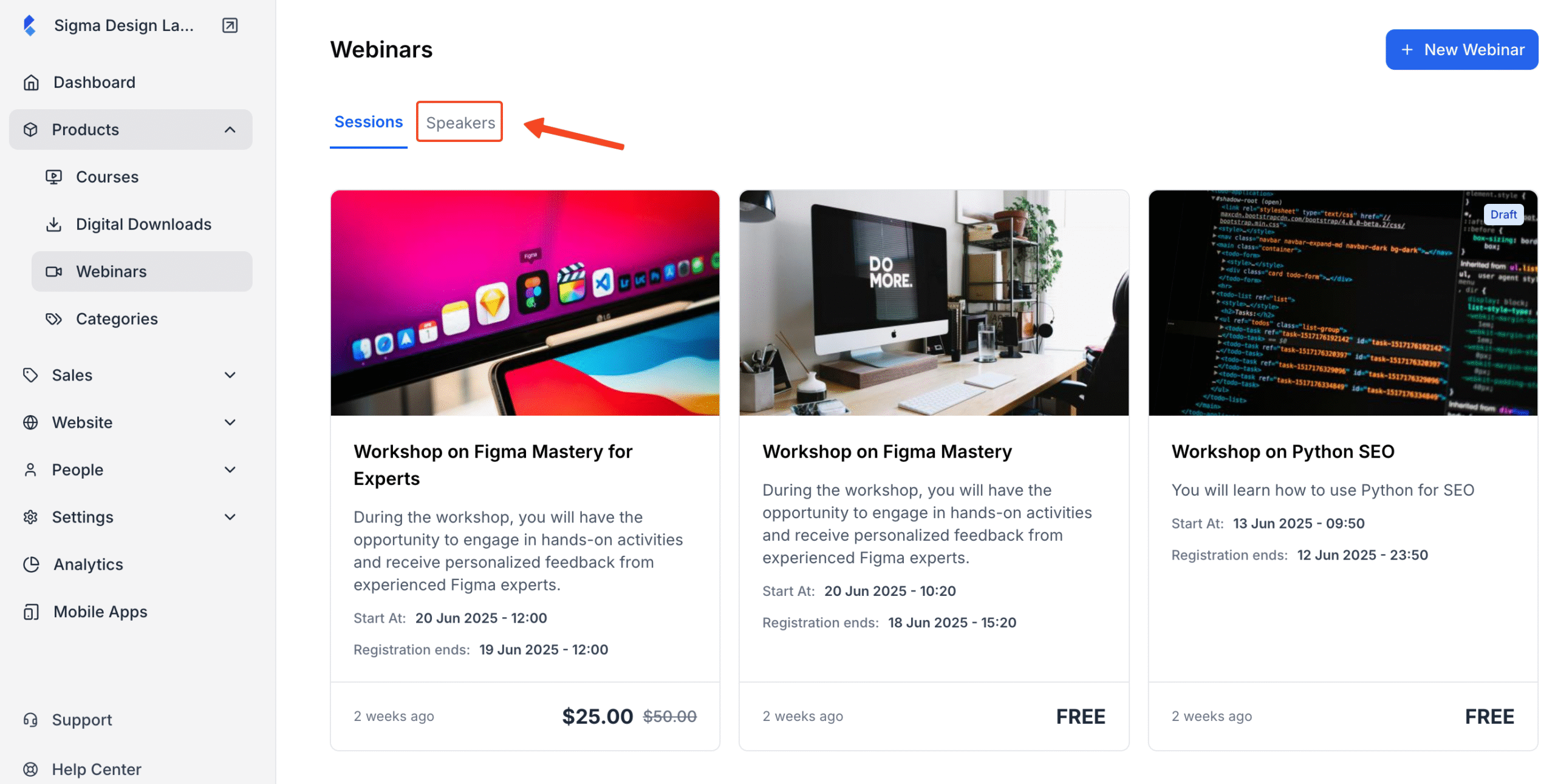 Screenshot of Webinar list window with the Speakers button in highlight.
