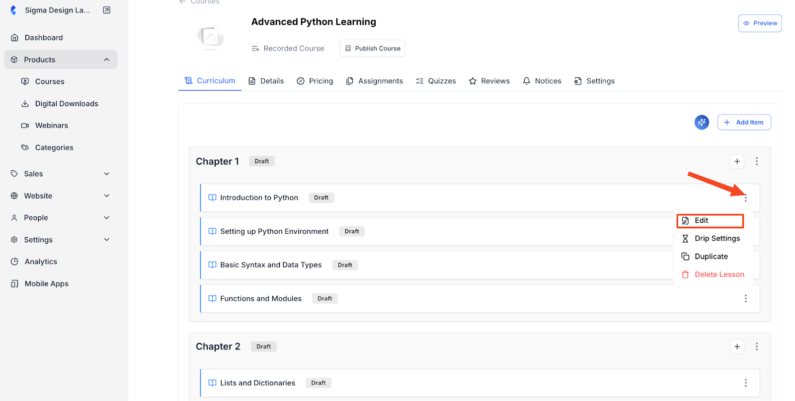 Screenshot of Klasio course builder with the Edit lesson button in highlight