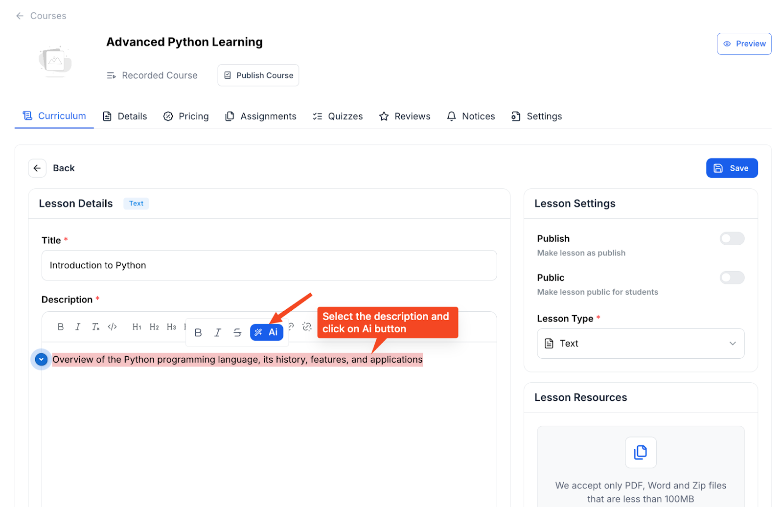 Screenshot of Klasio lesson details editing panel