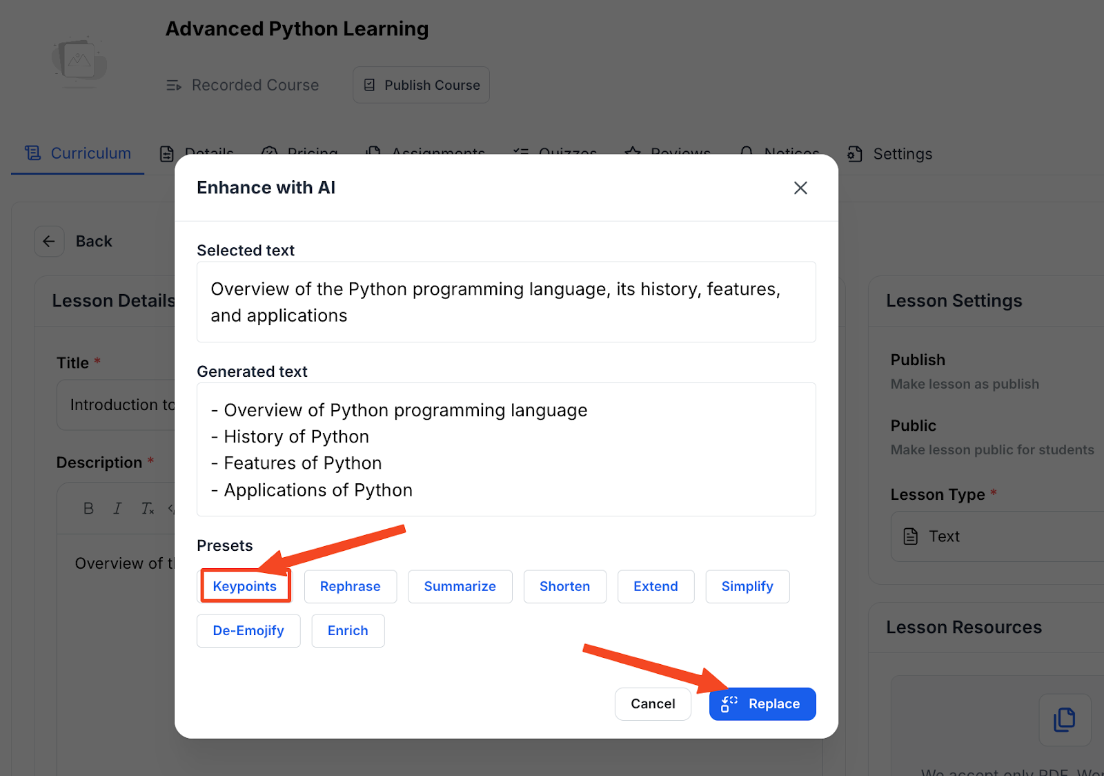 Screenshot of Ai assistant pop up inside Klasio lesson editing panel.