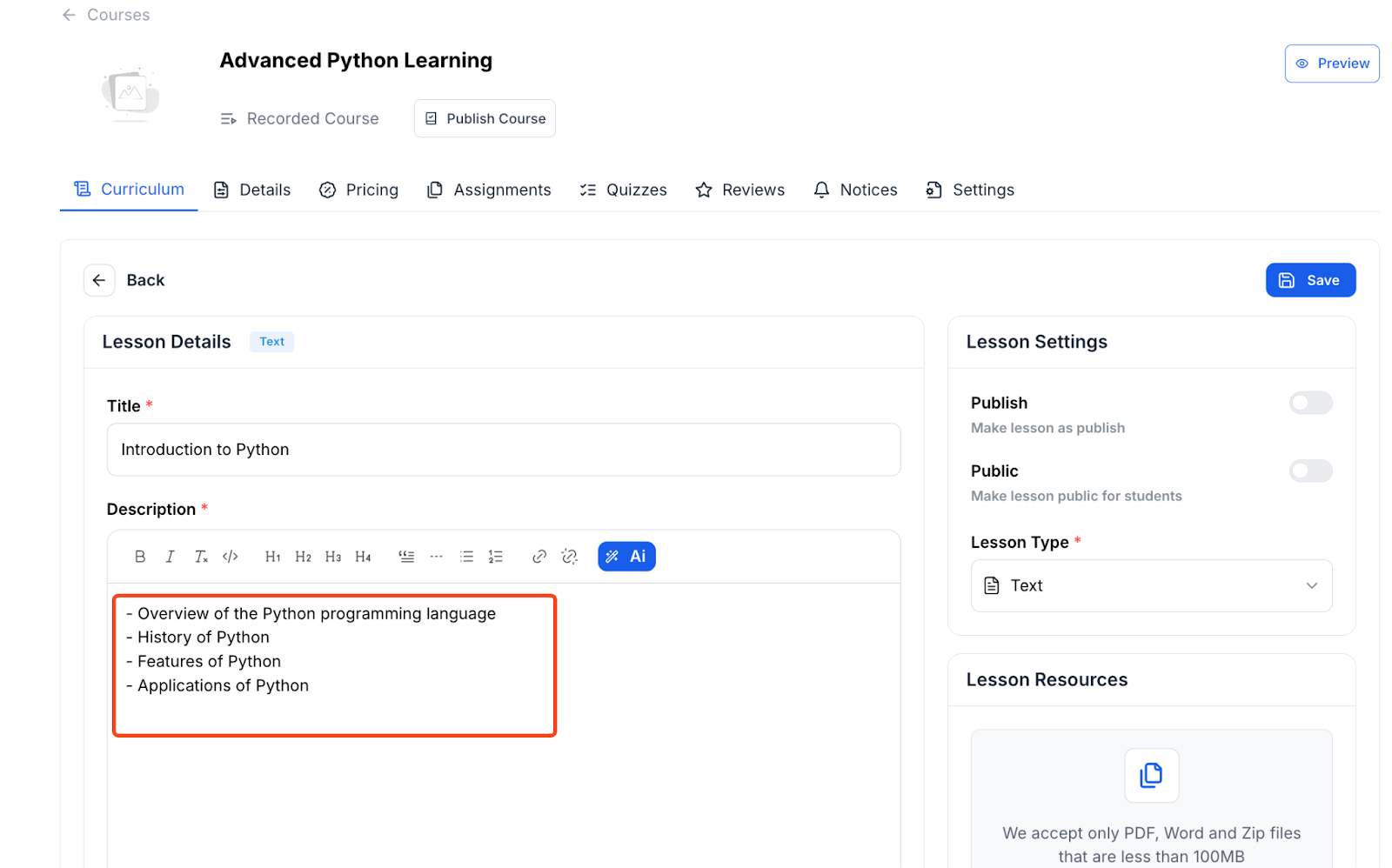 Screenshot of Klasio AI assistant lesson description modification using AI.