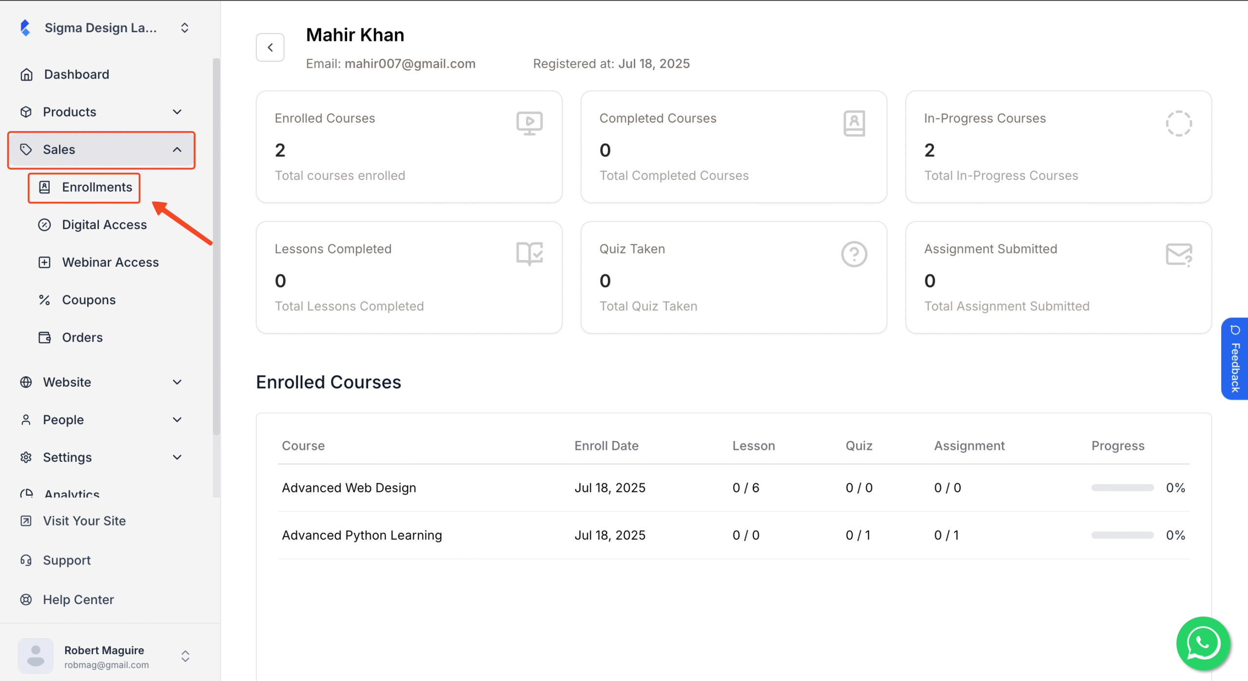 Klasio admin dashboard with Enrollments under Sales in highlight.