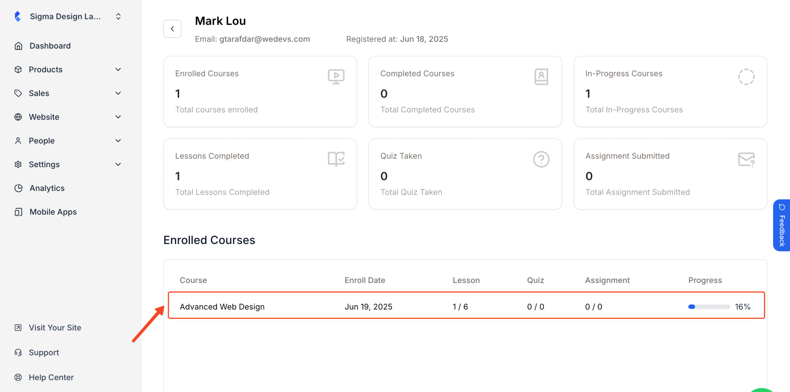Student progress inside a specific course in highlight.