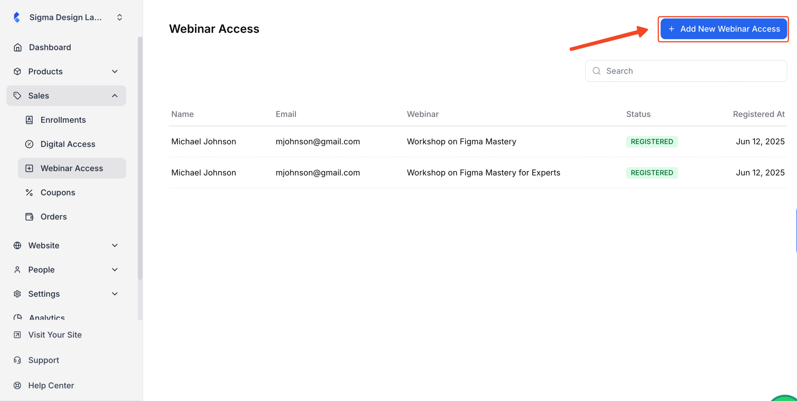 This image is a screenshot of Klasio Webinar Access Settings window with the Add New Webinar Access button in highlight.