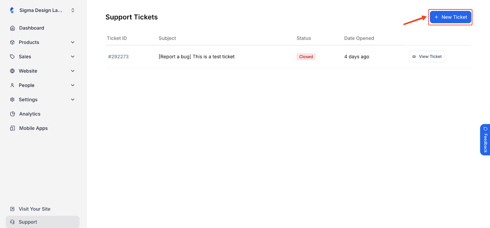 Klasio support menu with New Ticket button in highlight