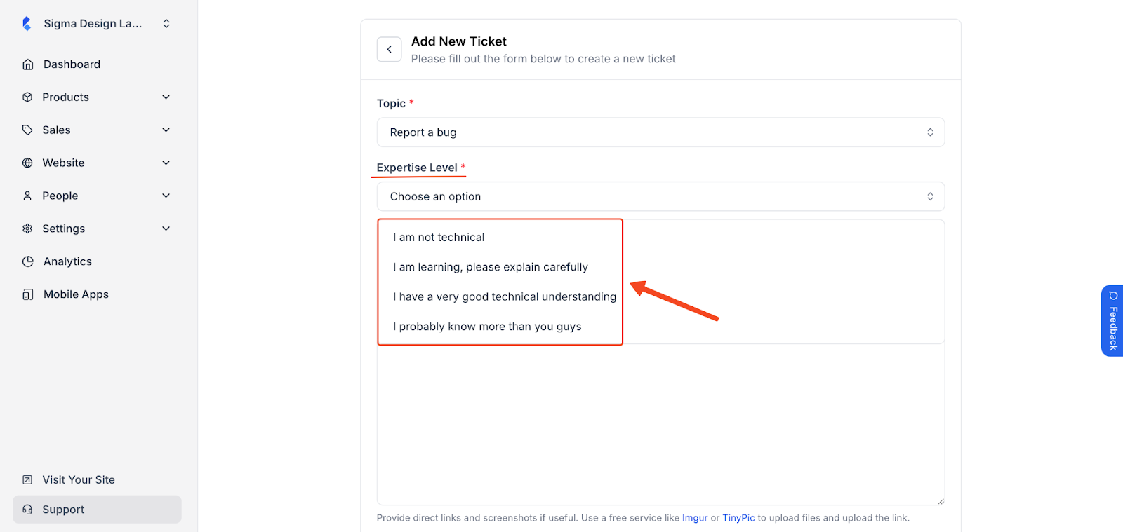 Klasio support ticket creation window with expertise level options in highlight.