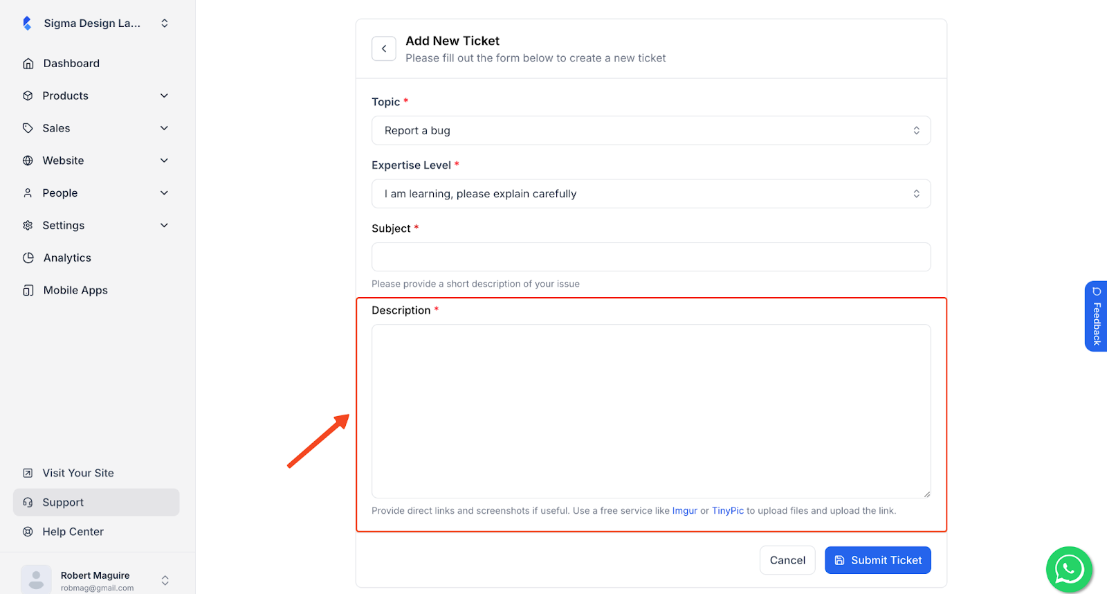 Klasio support ticket creation window with issue description insertion form in highlight.