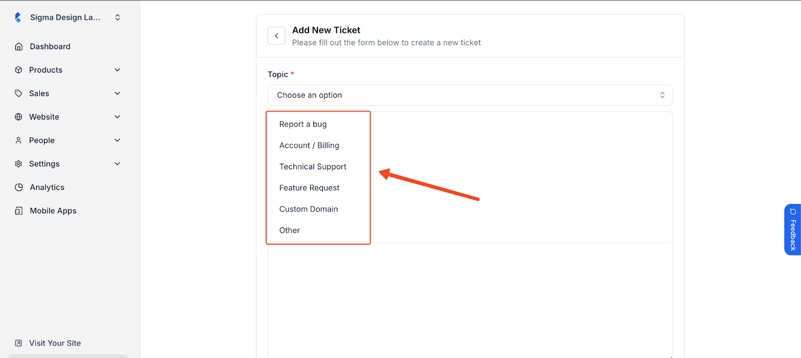 Klasio support ticket creation window with issue topic options in highlight.