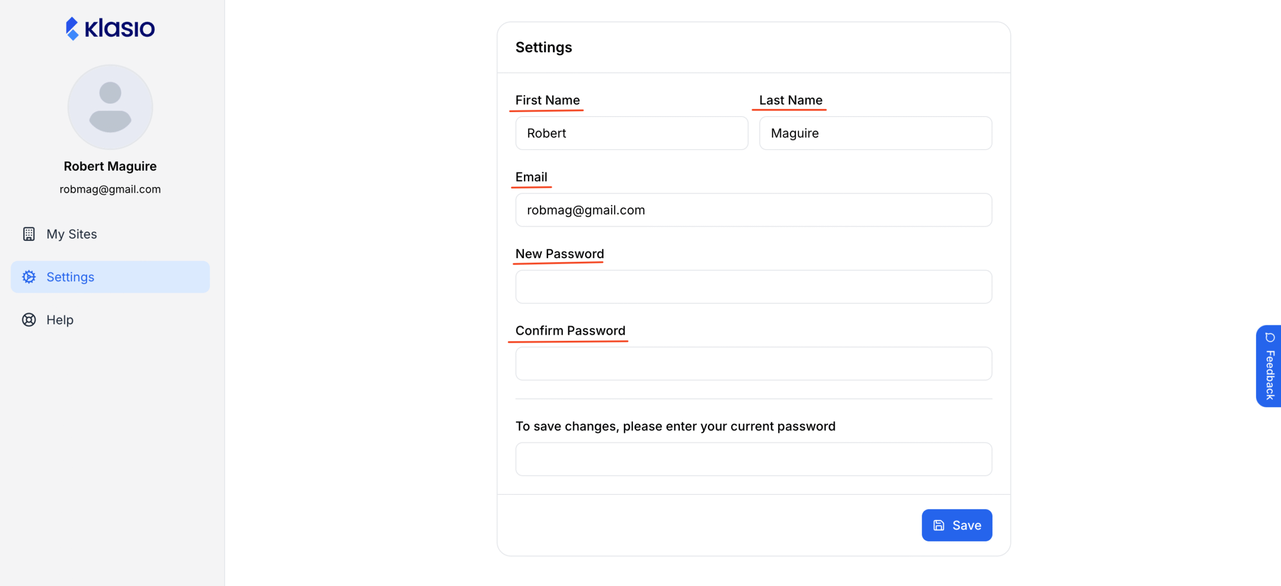 Account Settings window with options to change Name, email, password in highlight.