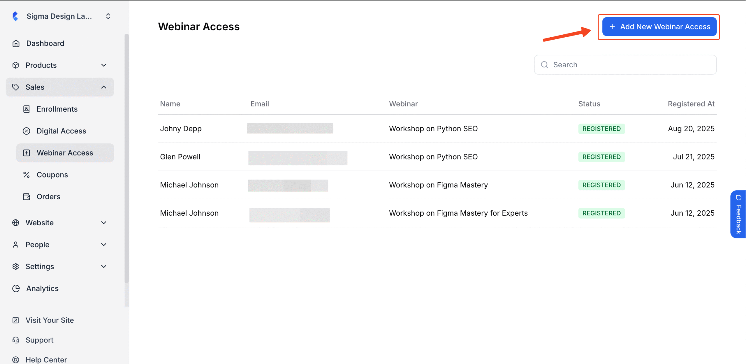 Add New Webinar Access button in highlight under Webinar access tab inside Klasio dashboard