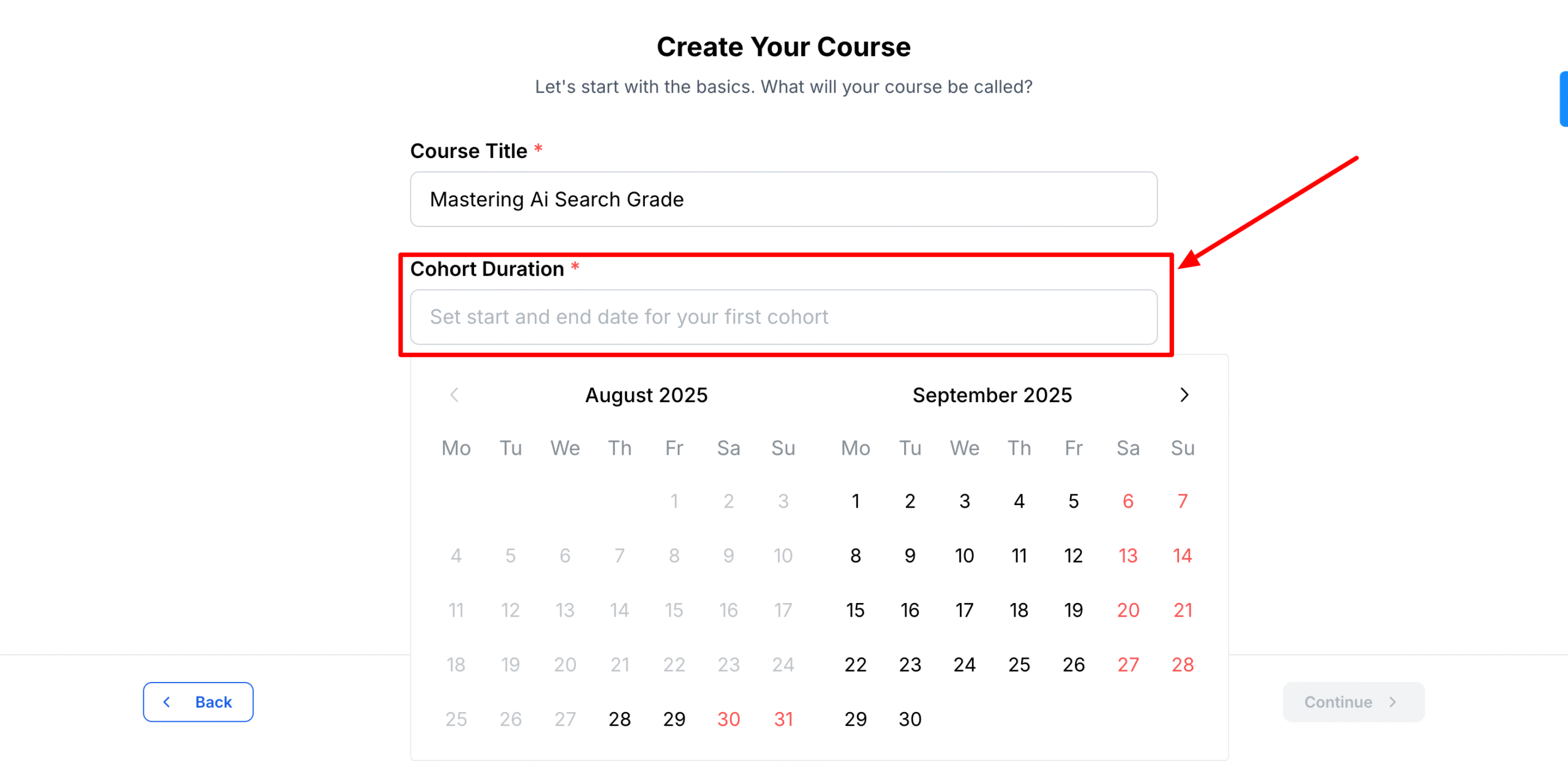 course duration setting up.