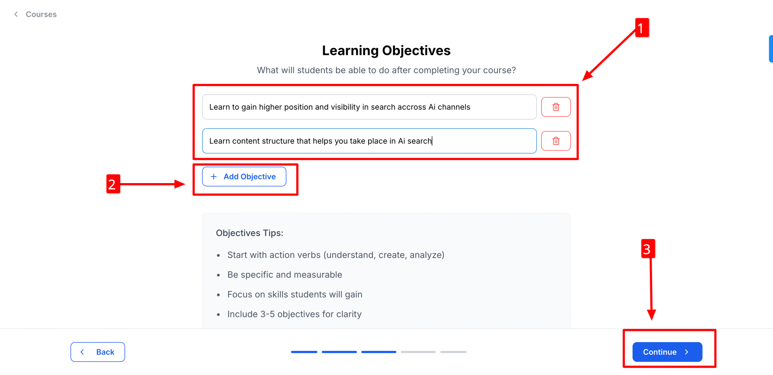 Setting course objective in Klasio Live course making