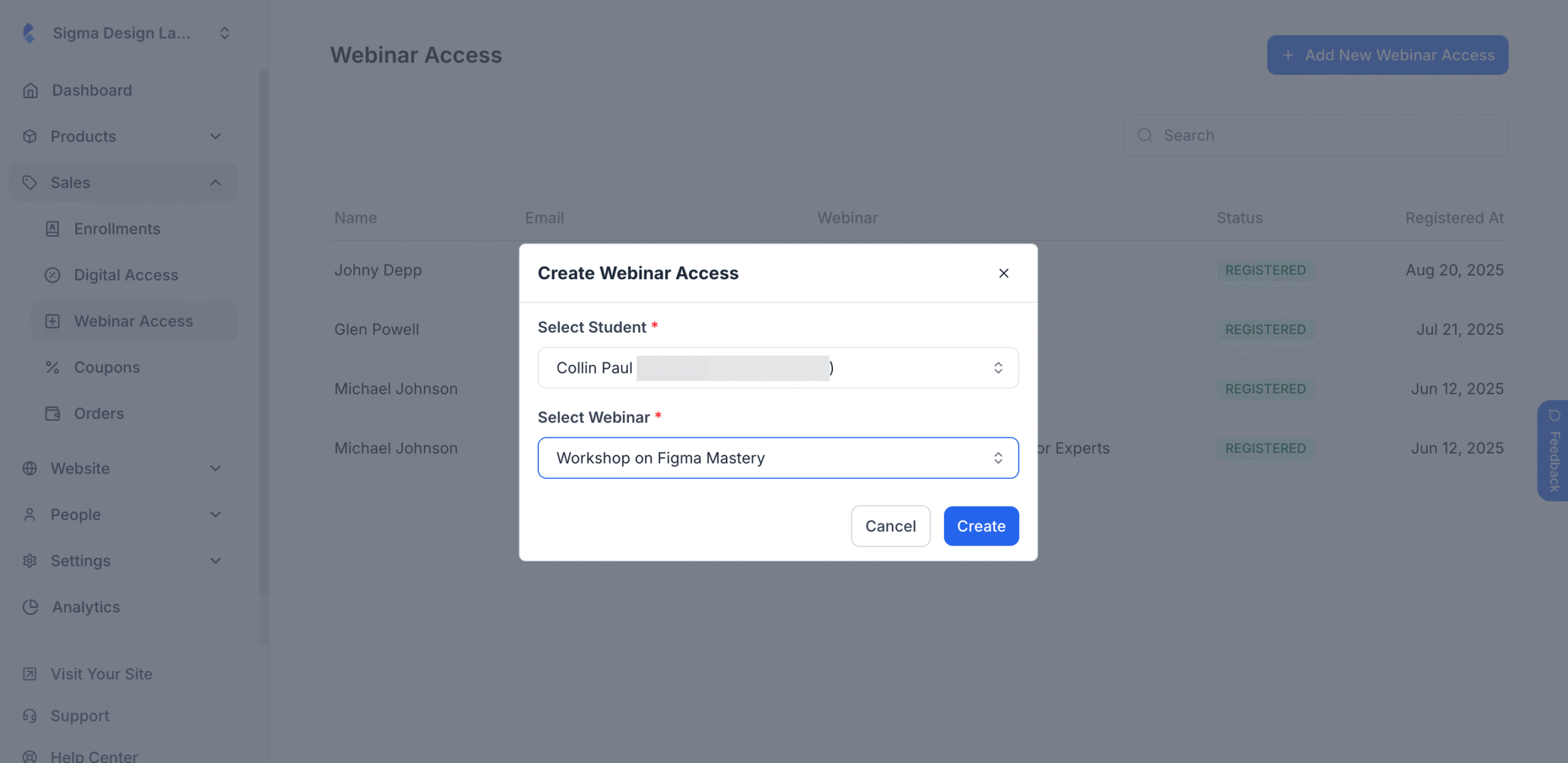 Webinar Access modal pop up to select a particular student along with the webinar.