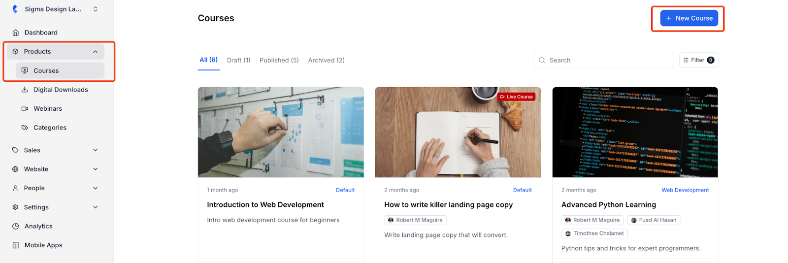Go to Products > Courses > New Course