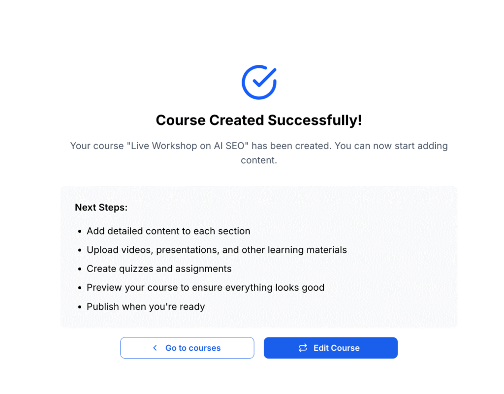 Course created succesfully.
