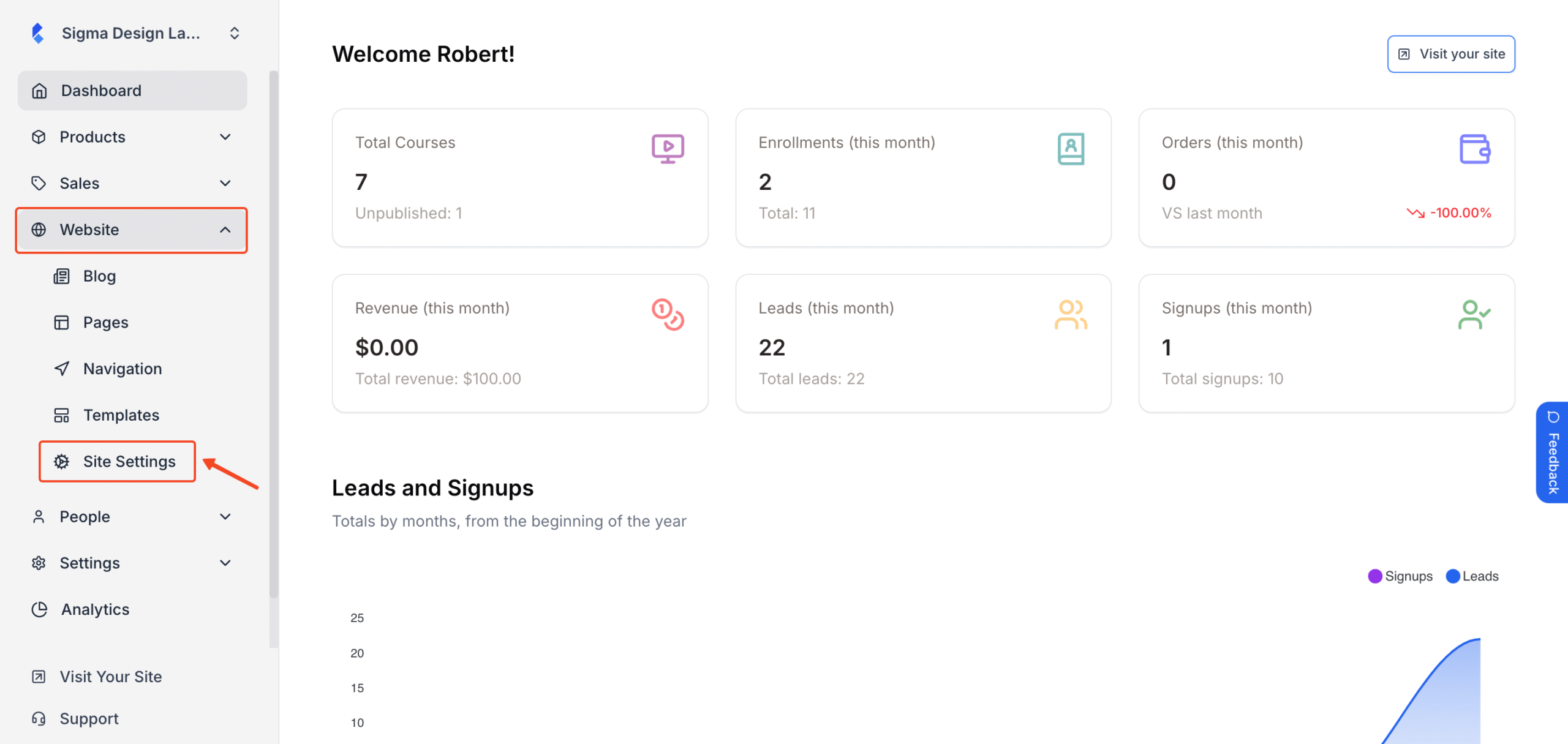 Klasio admin dashboard with Site Settings under Website in highlight.