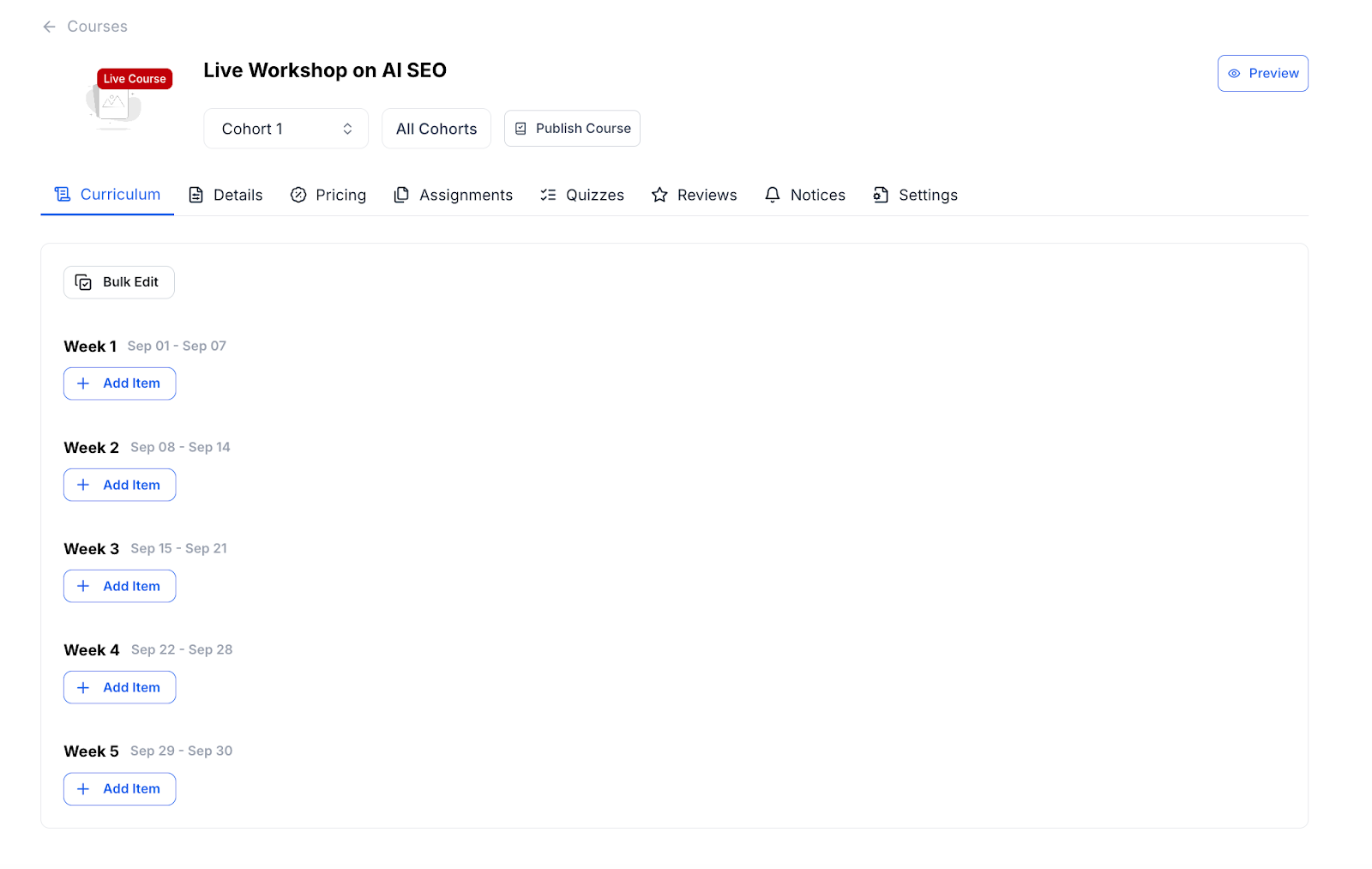 Your live courses will be divided into weeks based on the cohort duration you chose during course creation.