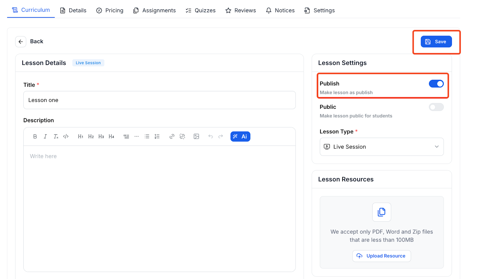 toggle on the Publish button to publish the lesson