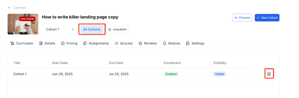 change the cohort setting