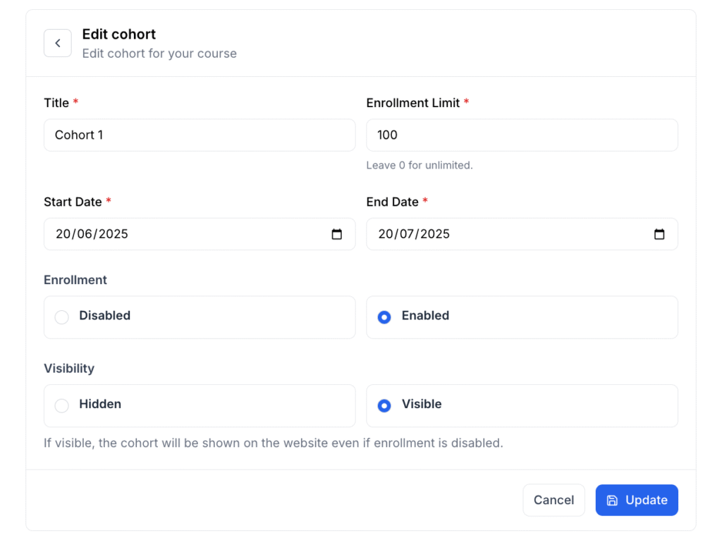 change your cohort's name, add a seat limit to the cohort, enable or disable enrollments, and change the visibility.