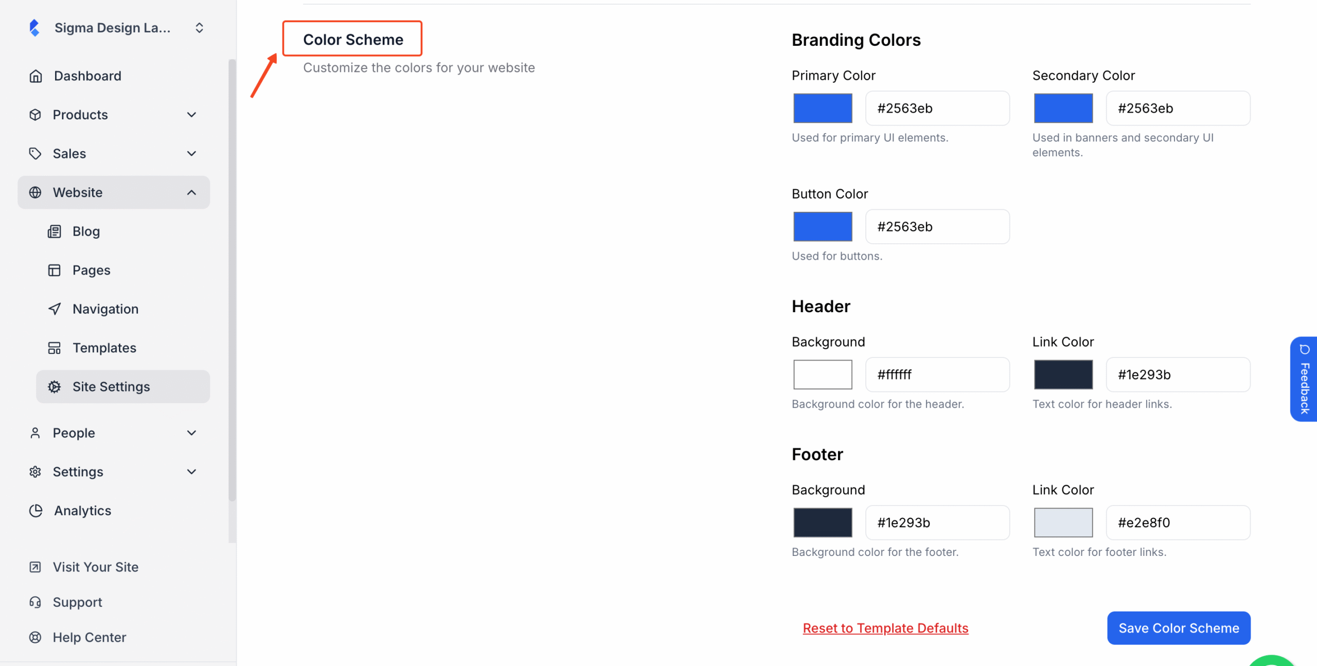 Site Settings tab under Website with Color Scheme in highlight.