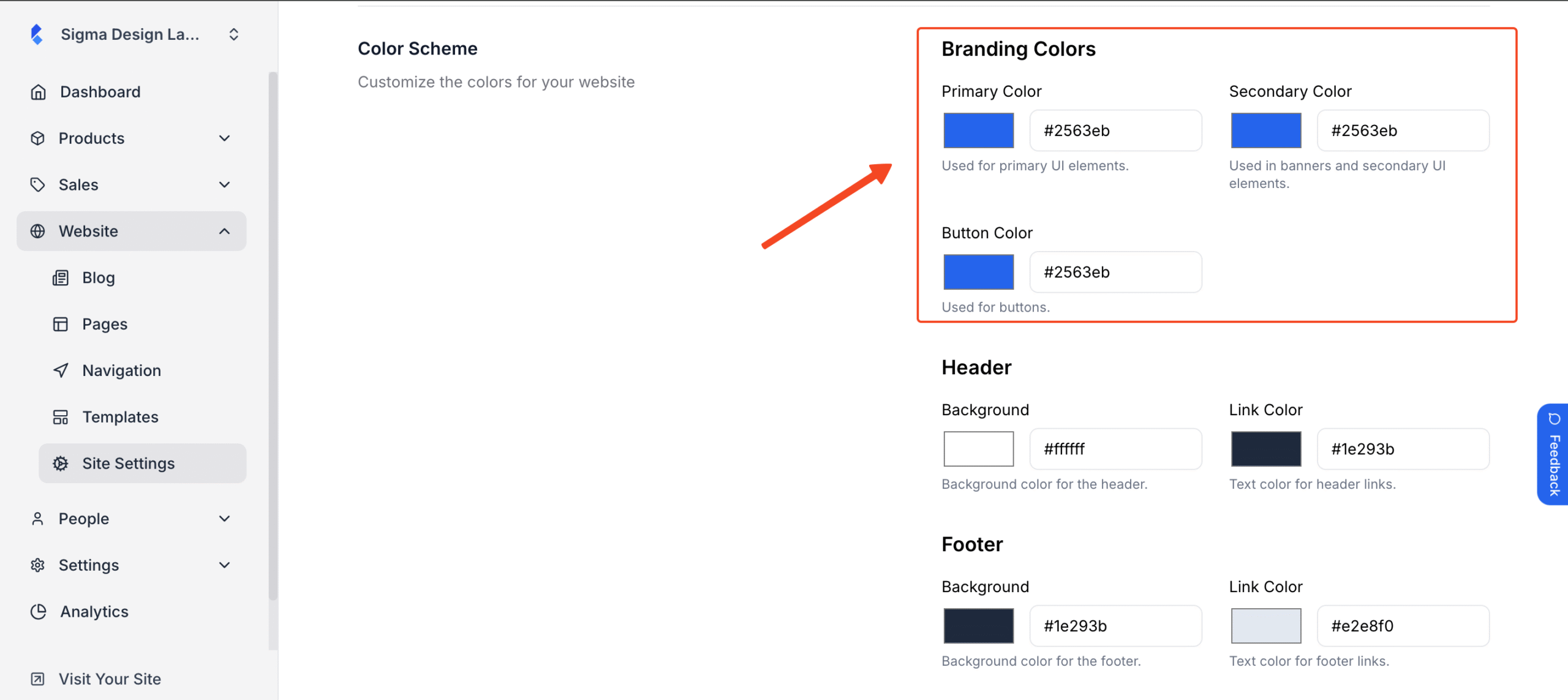 Branding colors subsection in highlight under Color Scheme section
