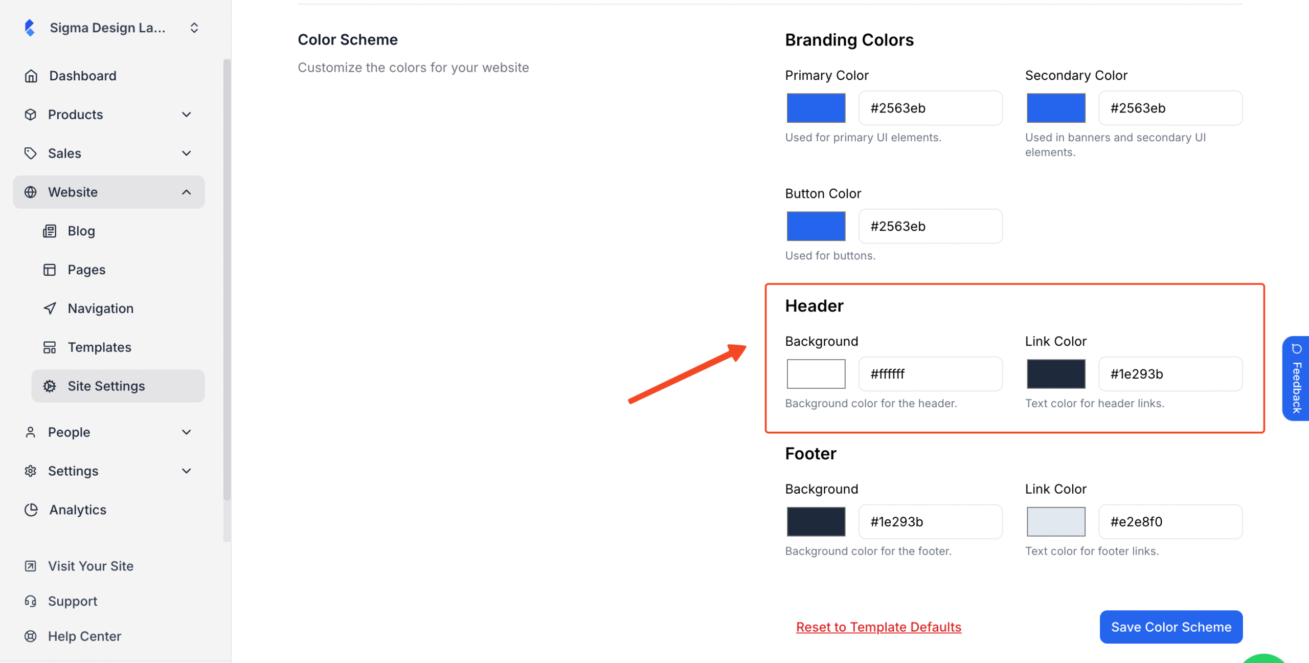 Header subsection in highlight under Color Scheme section