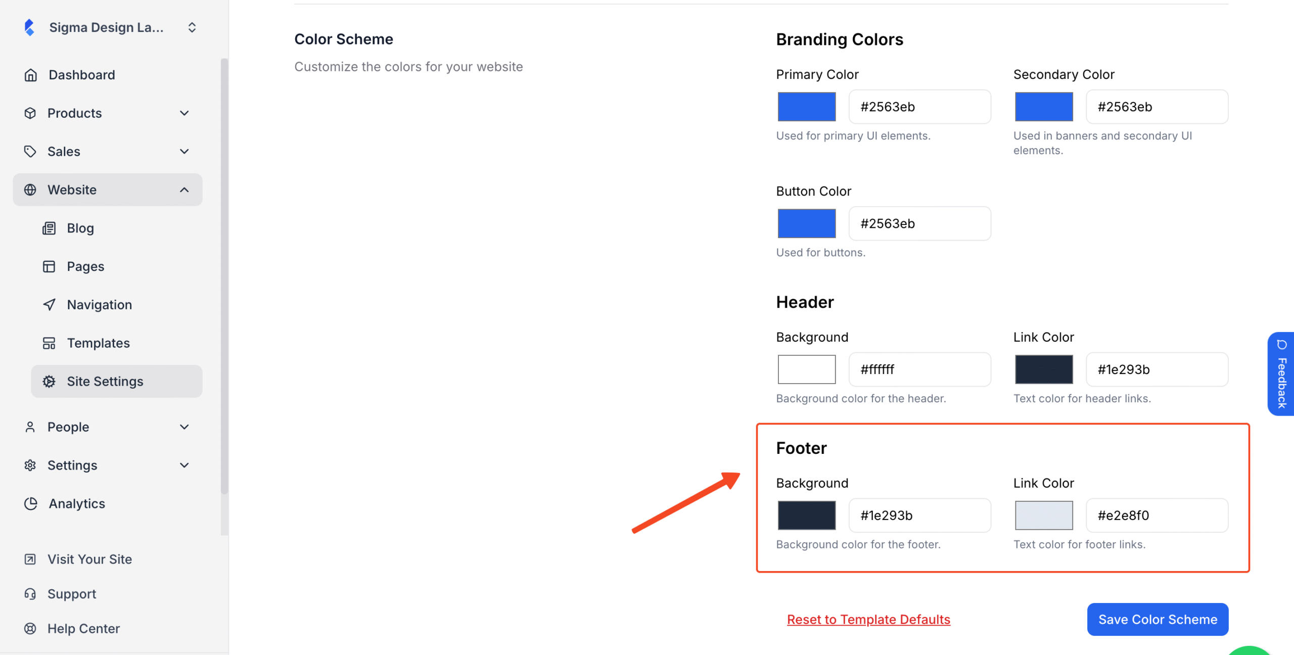 Footer subsection in highlight under Color Scheme section