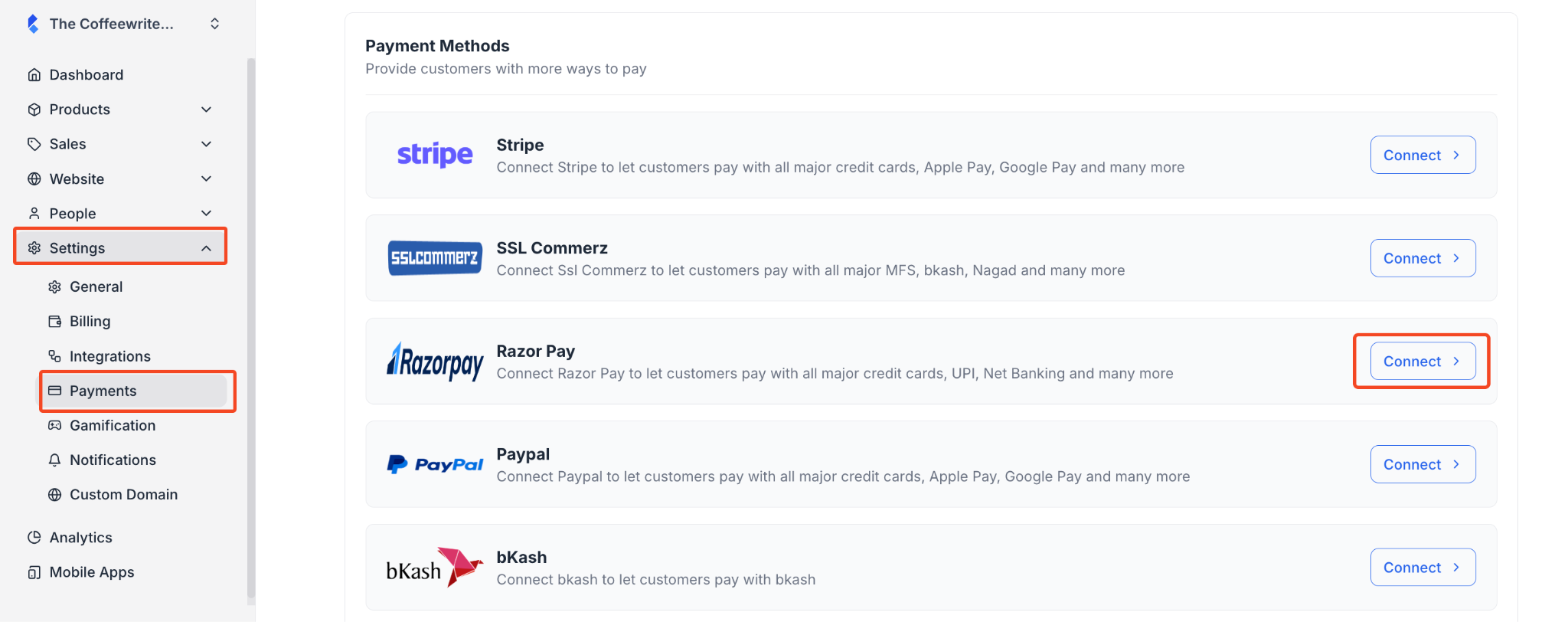 Klasio payment integrations